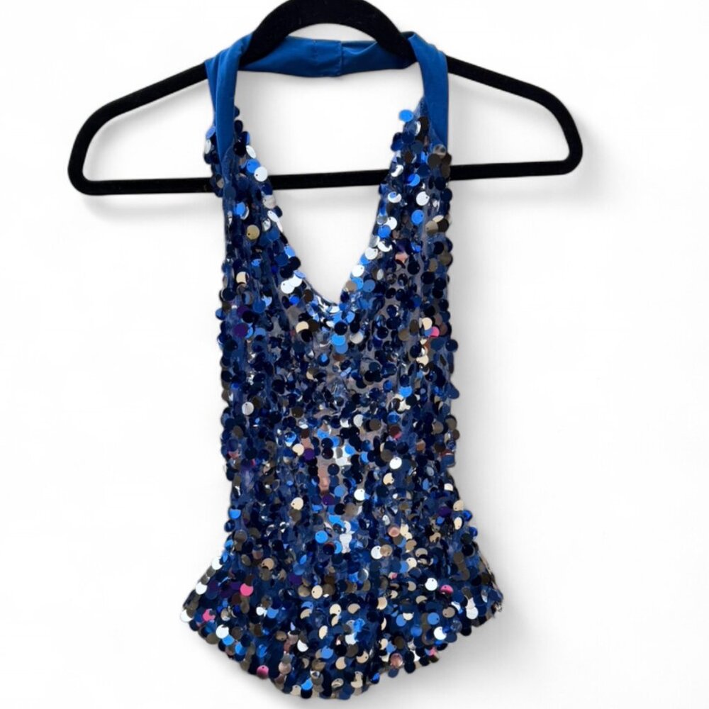 Sequined Blue Halter Tank Top